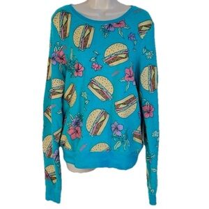 Wildfox Cheeseburger In Paradise Long Sleeve Baggy Beach Jumper Sweatshirt Blue